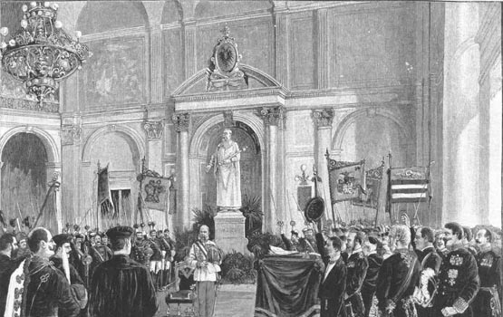 Die Schlusssteinlegung für den Neubau des Hauptgebäudes der Karl-Franzens-Universität in Graz 1895 durch Kaiser Franz Josef., Originalzeichnung von Alex Kircher. Der Rektor untersagte der katholischen Verbindung Carolina zu chargieren. Kaiser Franz-Josef soll ein Hilfe heischendes Telegramm der Carolina mit folgenden Worten beschieden haben: ''Wenn sie sich nicht schlagen, haben sie auch nicht das Recht, die Waffe zu tragen!'