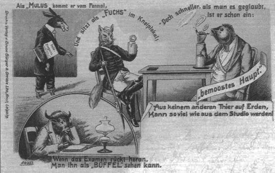 Burschen- oder Studentensprache: Studentensprache wörtlich genommen und bildlich umgesetzt, Postkarte von 1903, Verlag Bruno Bürger & Ottillie Lith. Anstalt, Leipzig, Farblithographie von Oswald Weise